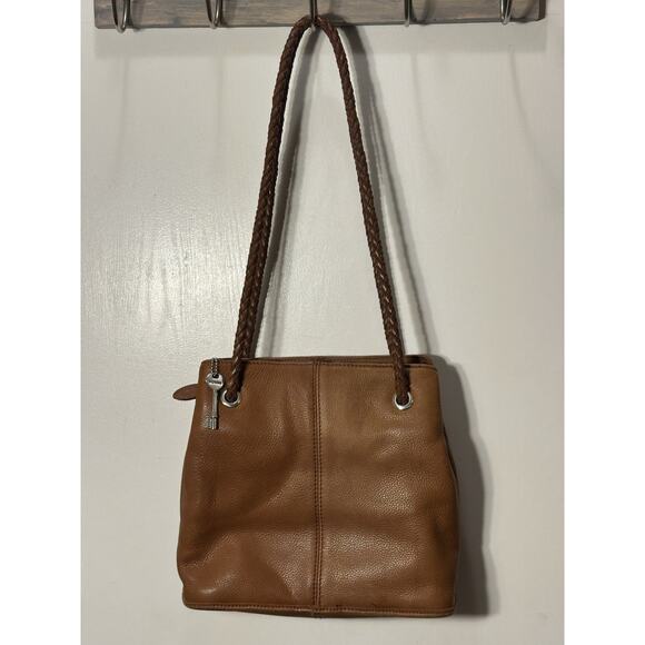 Fossil Vintage Brown Pebbled Leather Shoulder Bag Purse Braided Straps Key - Picture 2 of 13